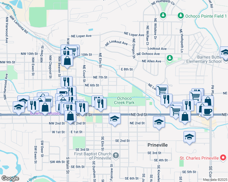 map of restaurants, bars, coffee shops, grocery stores, and more near 560 Northeast Garner Street in Prineville