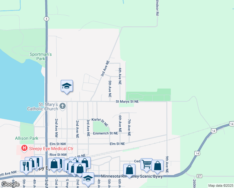map of restaurants, bars, coffee shops, grocery stores, and more near 718 6th Avenue Northeast in Sleepy Eye