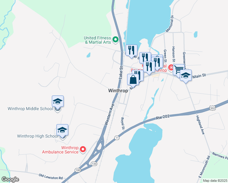 map of restaurants, bars, coffee shops, grocery stores, and more near 7 High Street in Winthrop