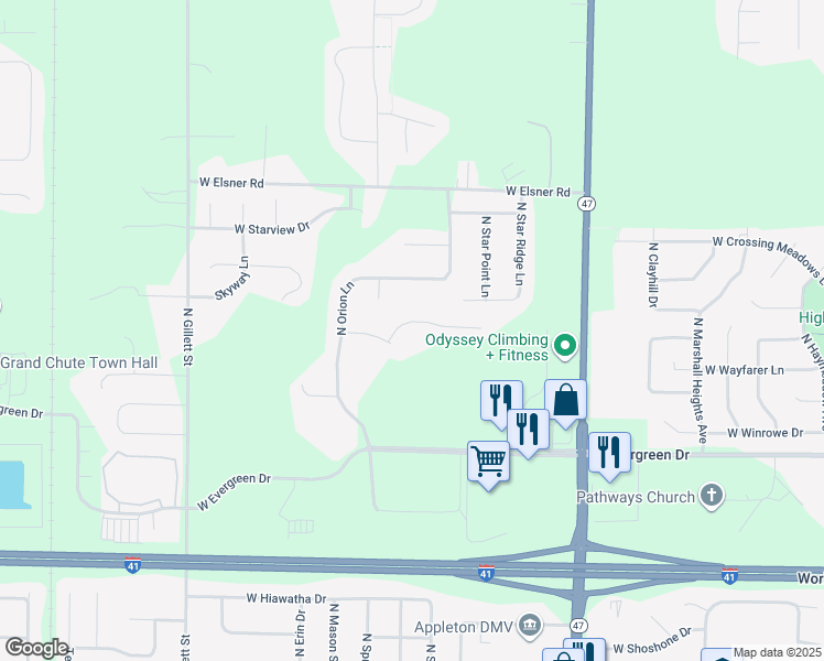 map of restaurants, bars, coffee shops, grocery stores, and more near 1072 Willis Way in Grand Chute