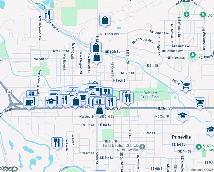 map of restaurants, bars, coffee shops, grocery stores, and more near 550 Northeast Belknap Street in Prineville