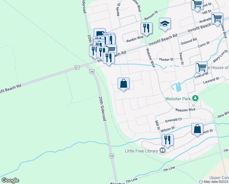 map of restaurants, bars, coffee shops, grocery stores, and more near McNeil Street in Innisfil