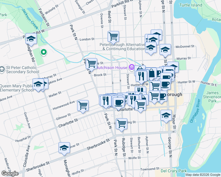 map of restaurants, bars, coffee shops, grocery stores, and more near 397 Reid Street in Peterborough