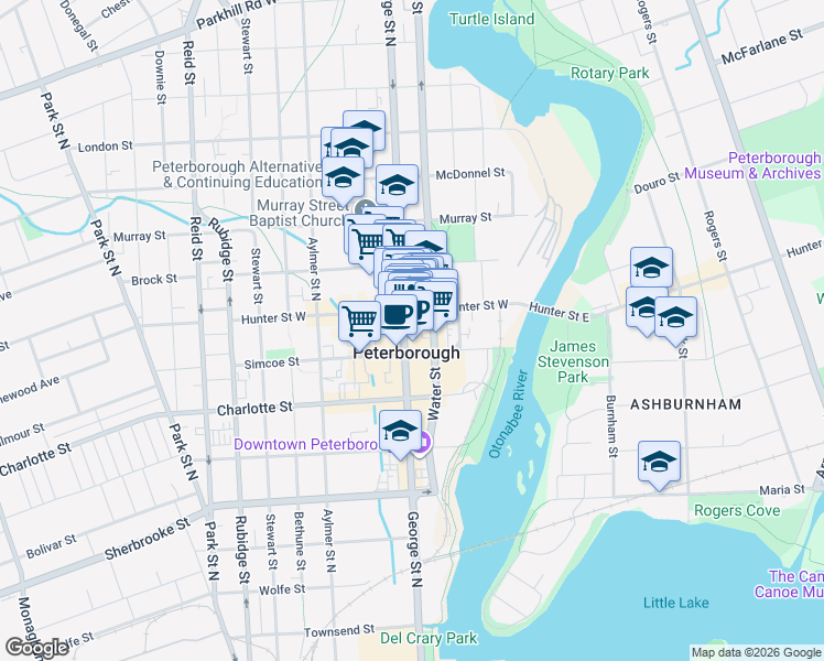 map of restaurants, bars, coffee shops, grocery stores, and more near 382 George Street North in Peterborough