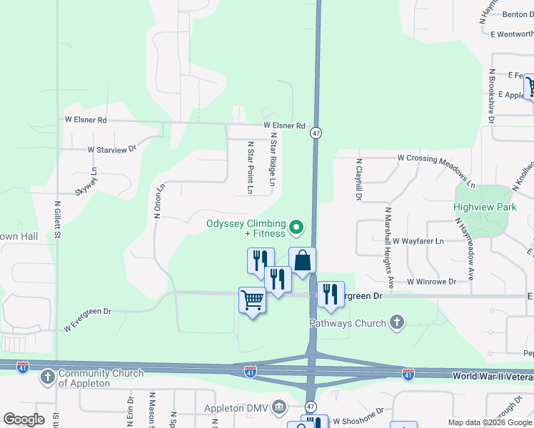 map of restaurants, bars, coffee shops, grocery stores, and more near 825 West Hubble Lane in Appleton