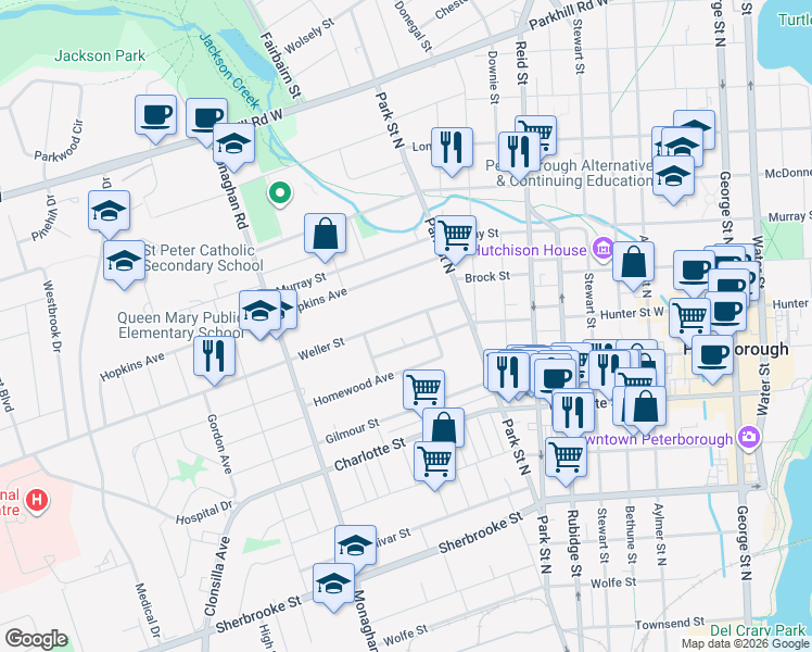 map of restaurants, bars, coffee shops, grocery stores, and more near 501 Weller Street in Peterborough