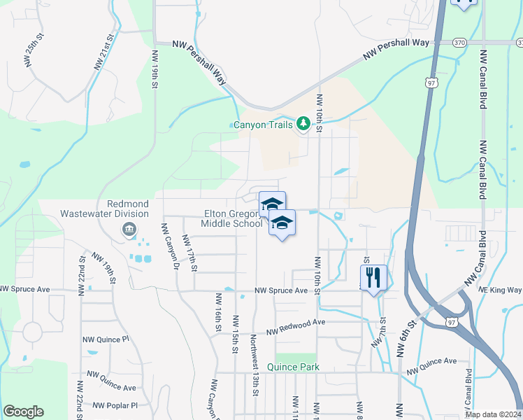 map of restaurants, bars, coffee shops, grocery stores, and more near 1342 Northwest Upas Avenue in Redmond