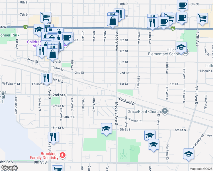map of restaurants, bars, coffee shops, grocery stores, and more near 902 1st Street in Brookings