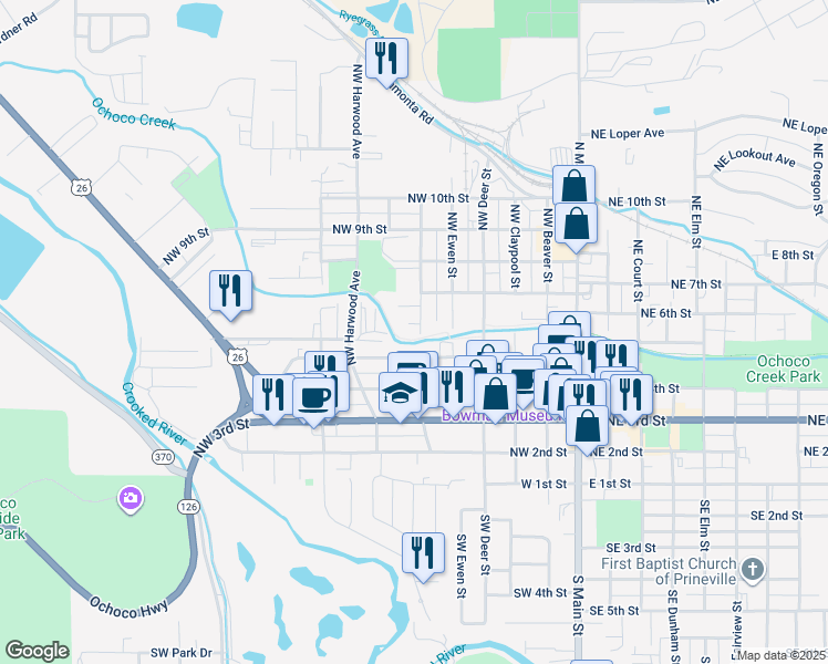 map of restaurants, bars, coffee shops, grocery stores, and more near 635 Northwest Creeks Edge Court in Prineville