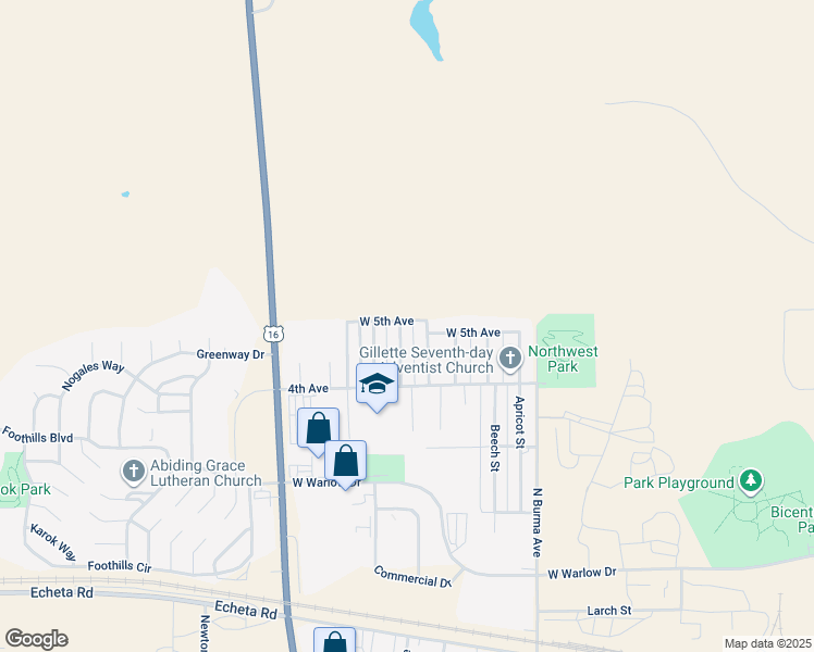 map of restaurants, bars, coffee shops, grocery stores, and more near 1501-1599 West 5th Avenue in Gillette