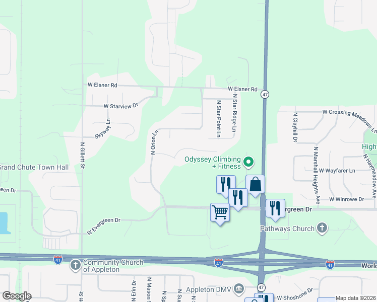 map of restaurants, bars, coffee shops, grocery stores, and more near 1072 Willis Way in Grand Chute