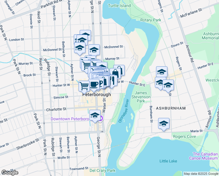 map of restaurants, bars, coffee shops, grocery stores, and more near 372 Queen Street in Peterborough