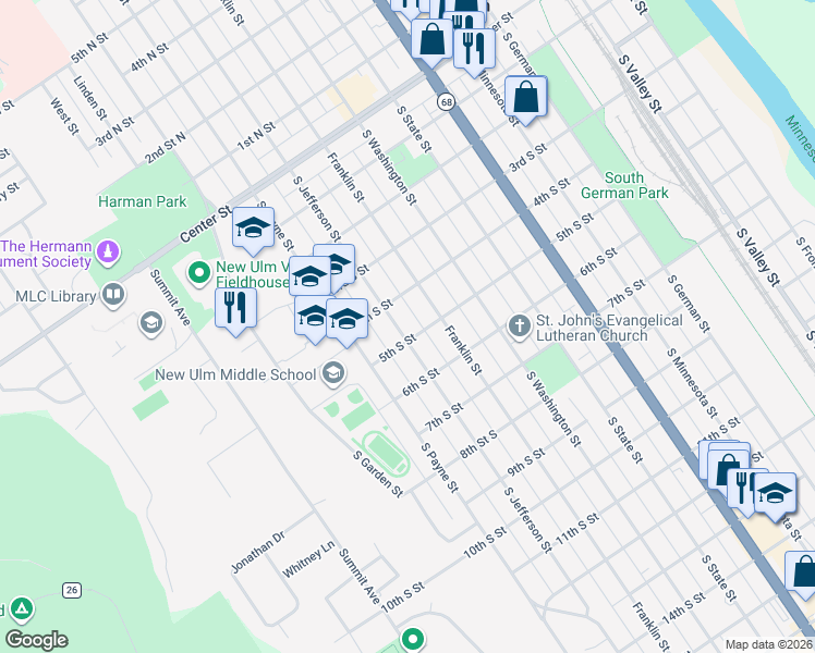 map of restaurants, bars, coffee shops, grocery stores, and more near 419 South Jefferson Street in New Ulm