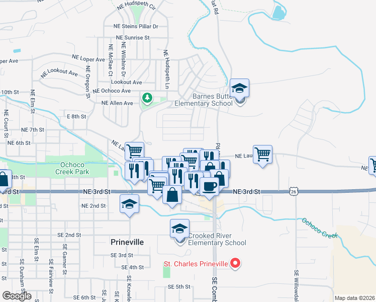 map of restaurants, bars, coffee shops, grocery stores, and more near 1164-1194 Northeast Laughlin Road in Prineville