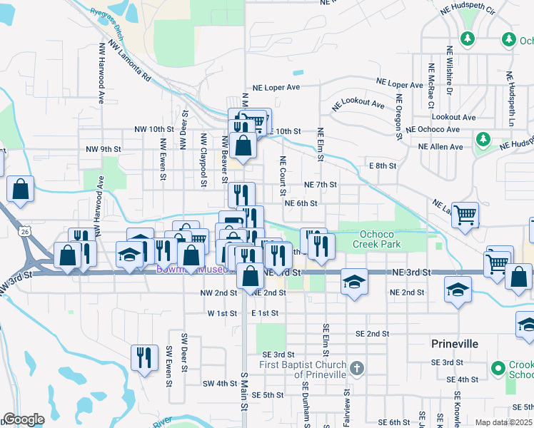 map of restaurants, bars, coffee shops, grocery stores, and more near 550 Northeast Belknap Street in Prineville