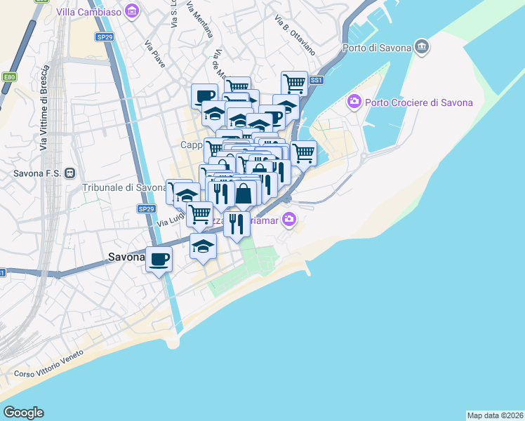 map of restaurants, bars, coffee shops, grocery stores, and more near 31 Corso Italia in Savona