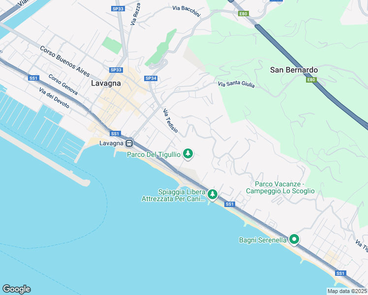 map of restaurants, bars, coffee shops, grocery stores, and more near 233 Via Aurelia in Lavagna