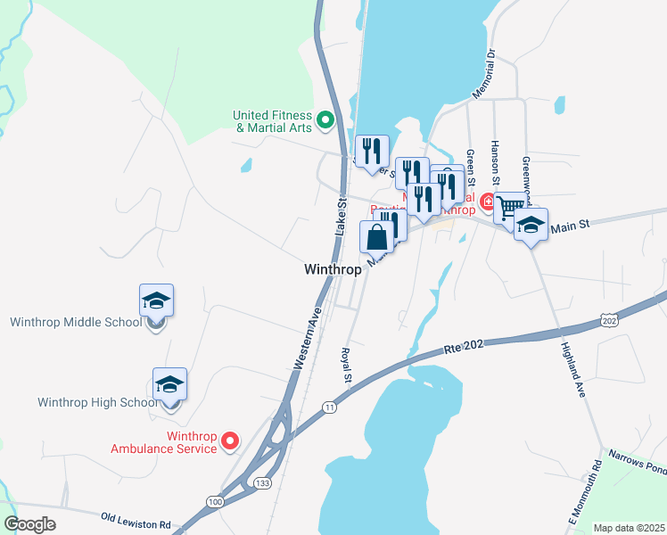 map of restaurants, bars, coffee shops, grocery stores, and more near 64 Maine 133 in Winthrop