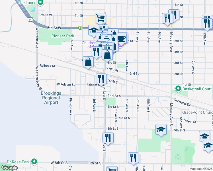 map of restaurants, bars, coffee shops, grocery stores, and more near 119 Main Avenue South in Brookings