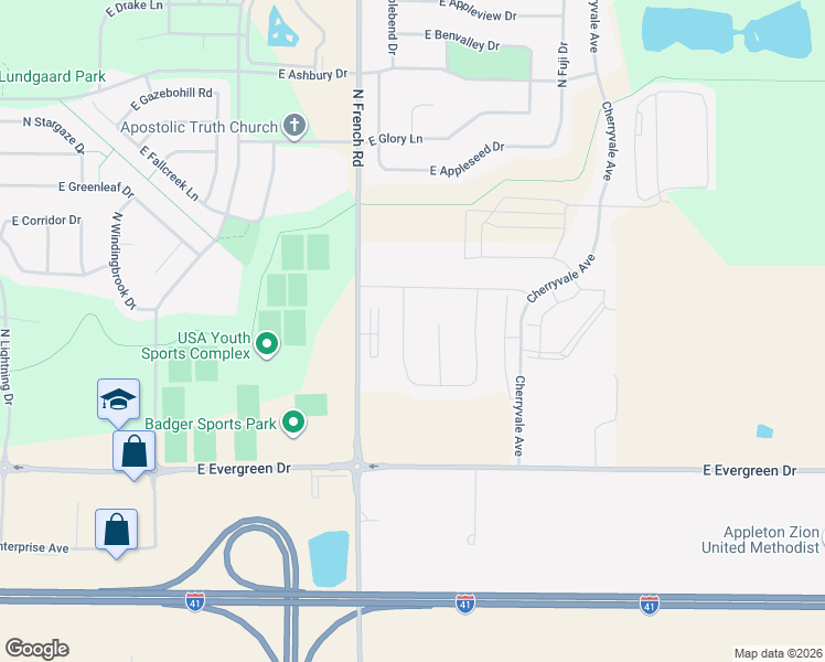 map of restaurants, bars, coffee shops, grocery stores, and more near 3633 Tulip Trail in Appleton