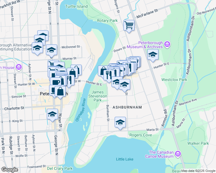 map of restaurants, bars, coffee shops, grocery stores, and more near 386a Burnham Street in Peterborough