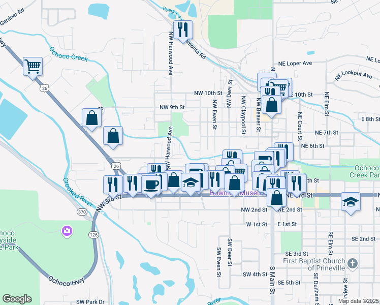 map of restaurants, bars, coffee shops, grocery stores, and more near 635 Northwest Creeks Edge Court in Prineville