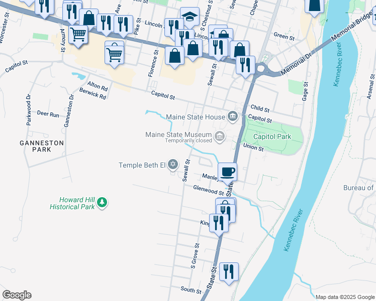 map of restaurants, bars, coffee shops, grocery stores, and more near 132 Sewall Street in Augusta