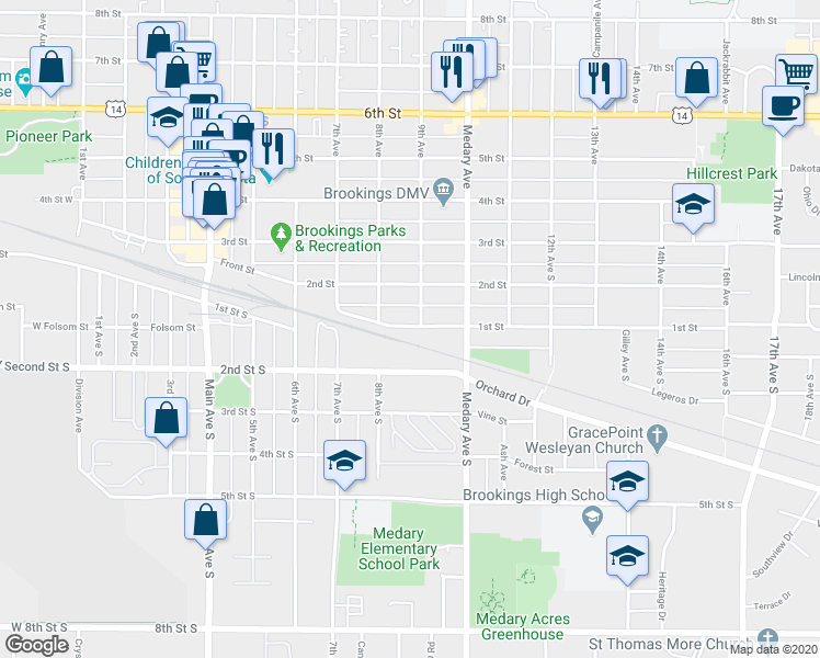 map of restaurants, bars, coffee shops, grocery stores, and more near 902 1st Street in Brookings