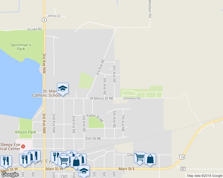 map of restaurants, bars, coffee shops, grocery stores, and more near 718 6th Avenue Northeast in Sleepy Eye