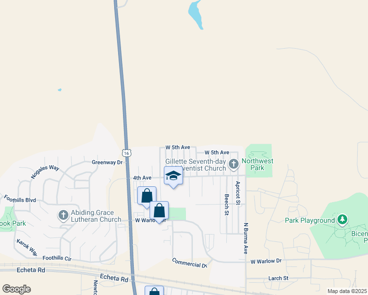 map of restaurants, bars, coffee shops, grocery stores, and more near 1501 West 5th Avenue in Gillette