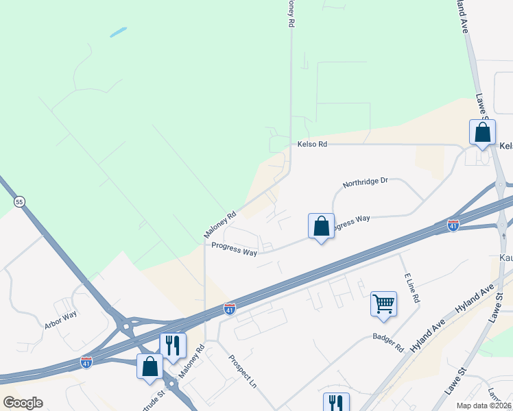 map of restaurants, bars, coffee shops, grocery stores, and more near N1824 Maloney Road in Kaukauna