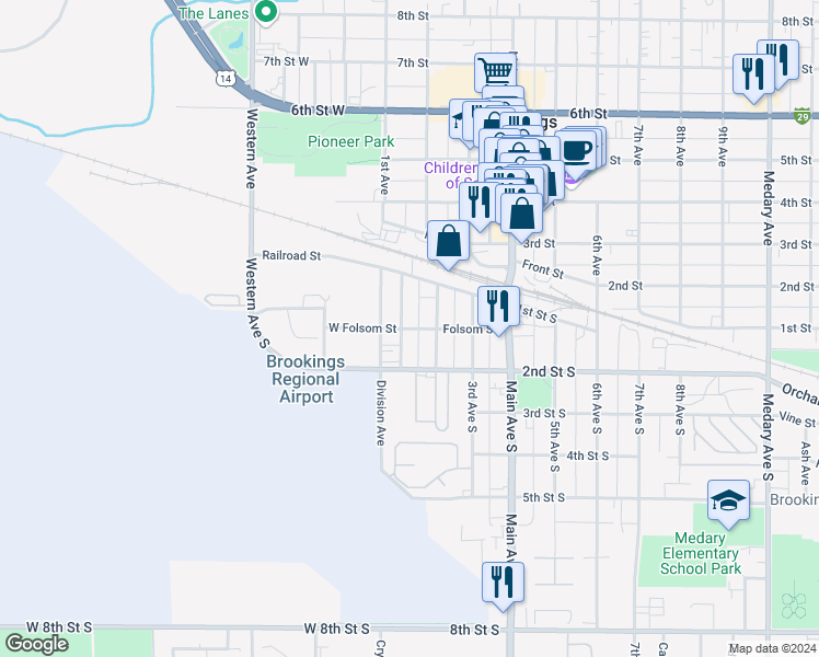 map of restaurants, bars, coffee shops, grocery stores, and more near 102 Folsom Street in Brookings