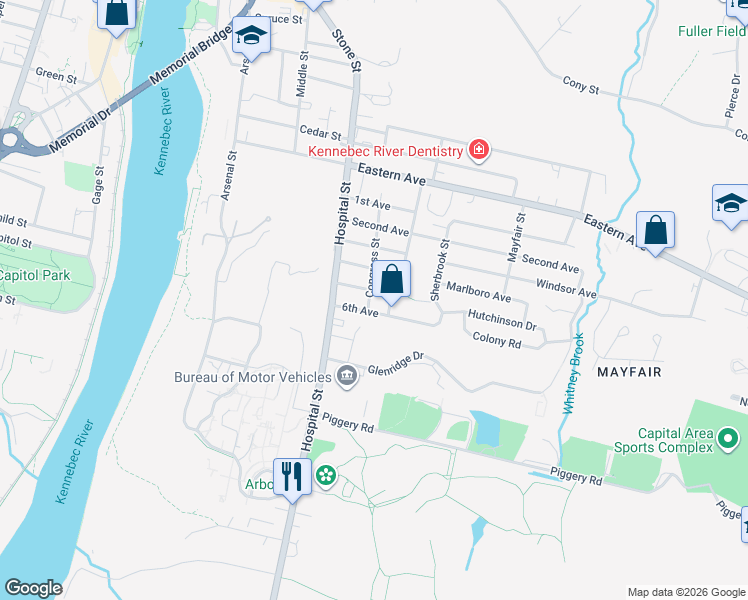 map of restaurants, bars, coffee shops, grocery stores, and more near 47 Congress Street in Augusta