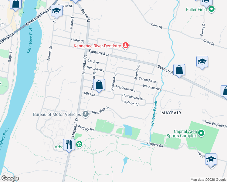 map of restaurants, bars, coffee shops, grocery stores, and more near 38 Sherbrook Street in Augusta
