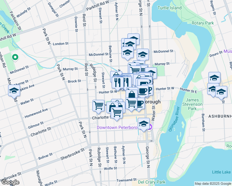 map of restaurants, bars, coffee shops, grocery stores, and more near 247 Hunter Street West in Peterborough