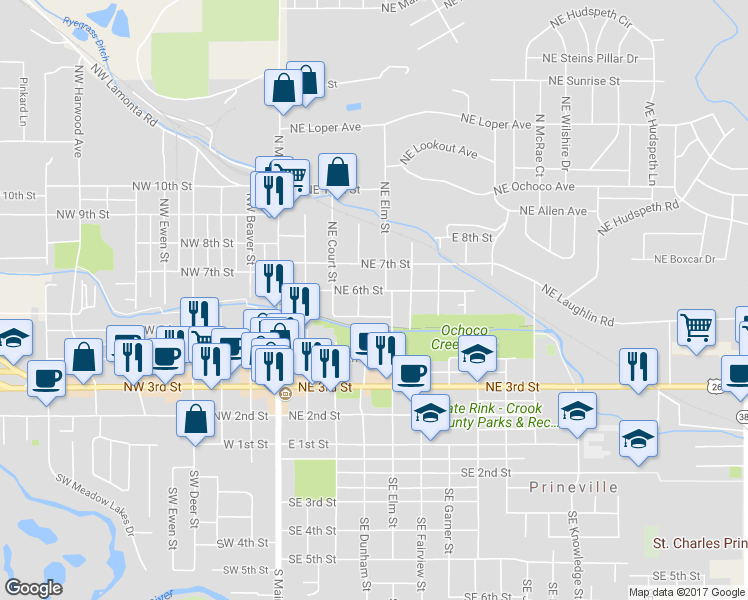 map of restaurants, bars, coffee shops, grocery stores, and more near 450 Northeast 6th Street in Prineville