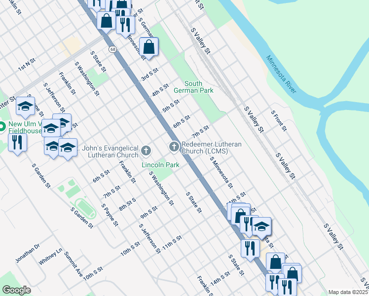 map of restaurants, bars, coffee shops, grocery stores, and more near 701 South Broadway Street in New Ulm