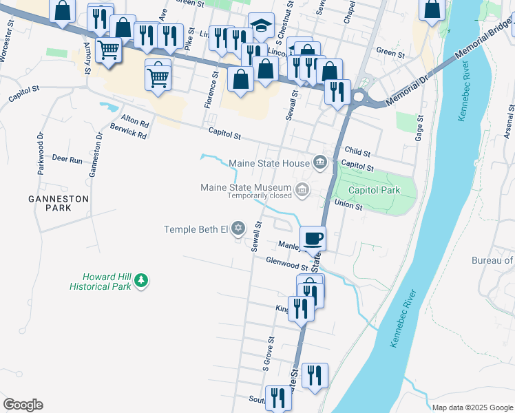 map of restaurants, bars, coffee shops, grocery stores, and more near 132 Sewall Street in Augusta