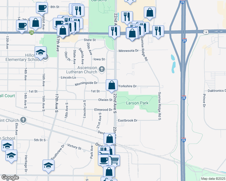 map of restaurants, bars, coffee shops, grocery stores, and more near 103b 22nd Avenue South in Brookings