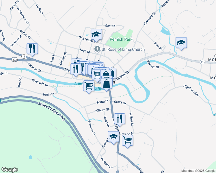 map of restaurants, bars, coffee shops, grocery stores, and more near 16 Cottage Street in Littleton