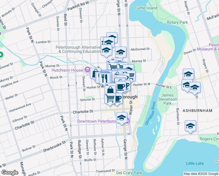 map of restaurants, bars, coffee shops, grocery stores, and more near 199 Hunter Street West in Peterborough