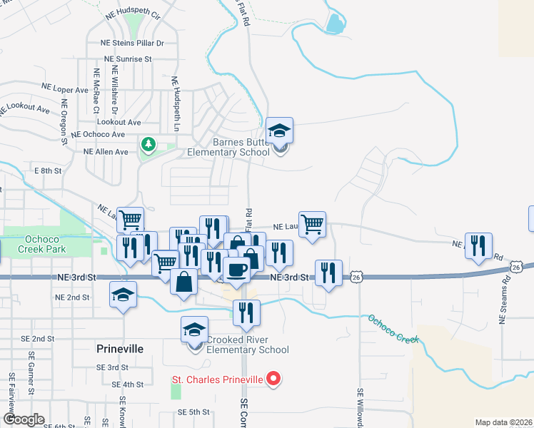 map of restaurants, bars, coffee shops, grocery stores, and more near 1802 Northeast Laughlin Road in Prineville