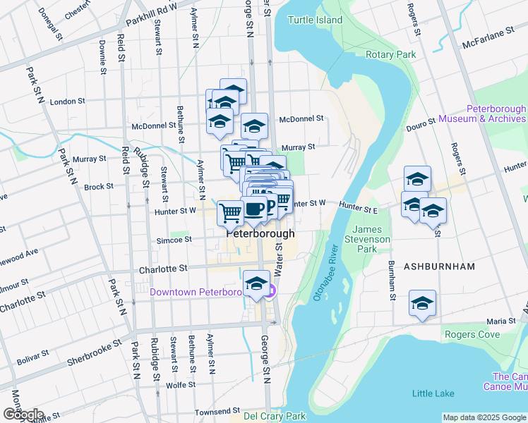 map of restaurants, bars, coffee shops, grocery stores, and more near 378 George Street North in Peterborough