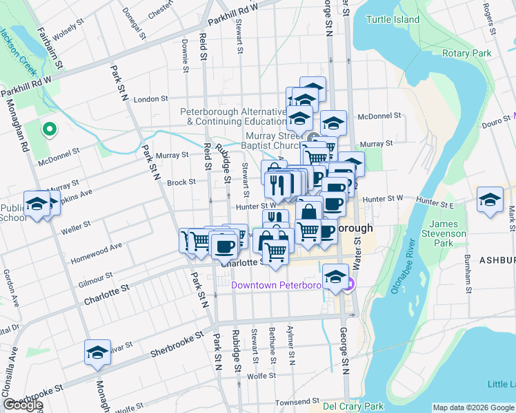 map of restaurants, bars, coffee shops, grocery stores, and more near Hunter Street West in Peterborough