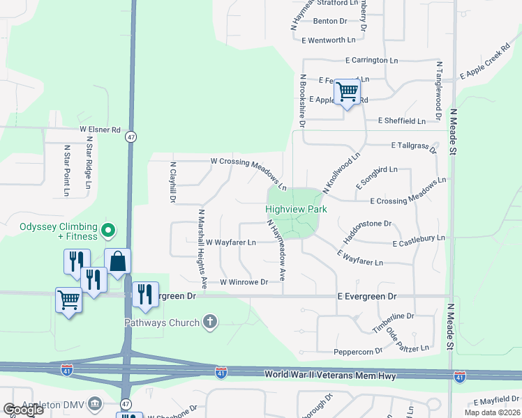 map of restaurants, bars, coffee shops, grocery stores, and more near 4413 North Haymeadow Avenue in Appleton