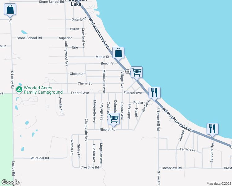 map of restaurants, bars, coffee shops, grocery stores, and more near 399 Federal Avenue in Houghton Lake