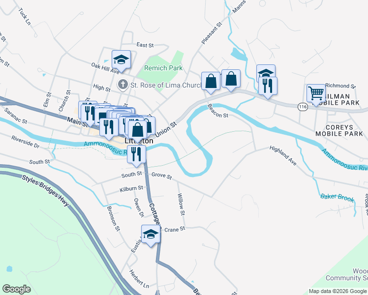 map of restaurants, bars, coffee shops, grocery stores, and more near 2 Lafayette Avenue in Littleton