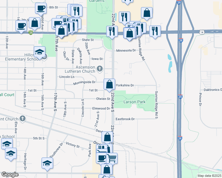 map of restaurants, bars, coffee shops, grocery stores, and more near 103 22nd Avenue South in Brookings