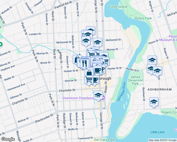 map of restaurants, bars, coffee shops, grocery stores, and more near in Peterborough