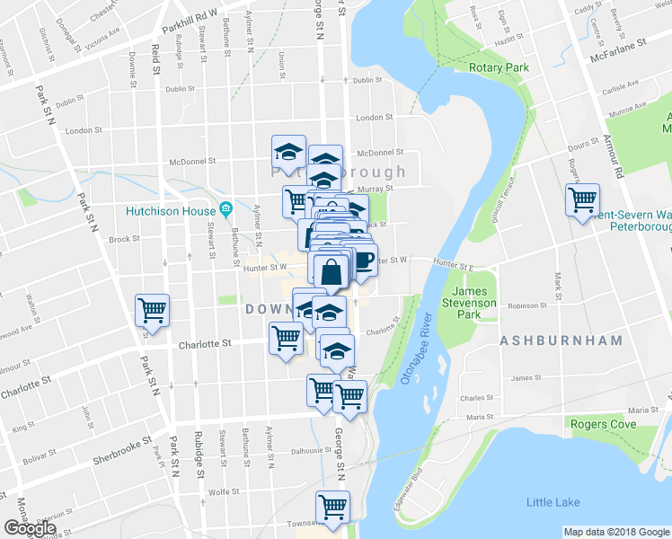 map of restaurants, bars, coffee shops, grocery stores, and more near 378 George Street North in Peterborough